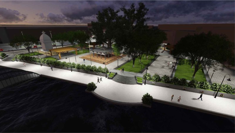 Heritage precinct with temple node and shaded public gathering spaces along the river.