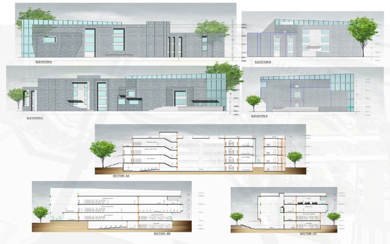 Elevations and sections of the Walking Library showcasing spatial layering and façade articulation.