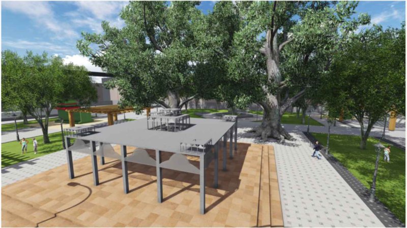 Pergola pavilion beneath mature trees creating shaded community and reading spaces.