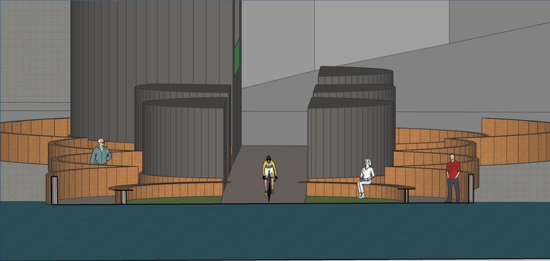 Sectional view highlighting pedestrian seating zones and the dedicated cycling corridor.
