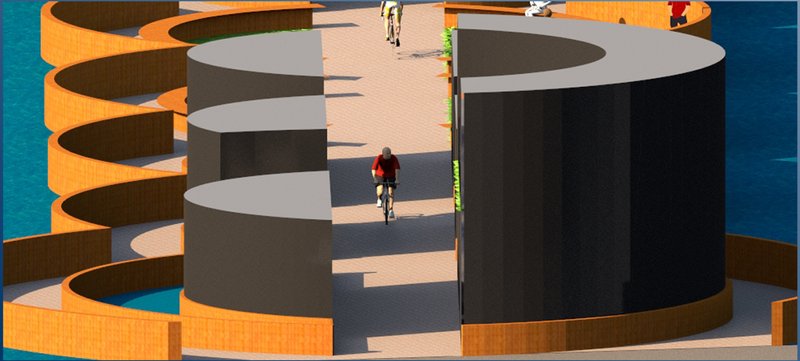 Close-up of the curved structural volumes framing the direct cyclist pathway.