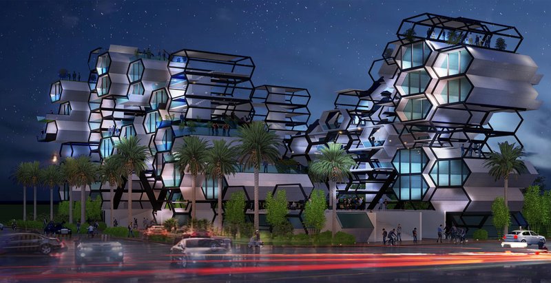 Illuminated modular capsules create a striking urban landmark after dark.