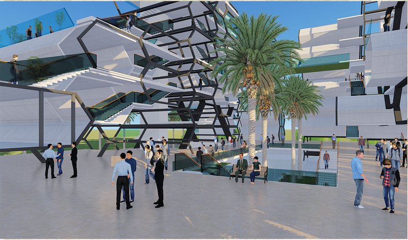 Layered staircases and open corridors transform movement into social experience.