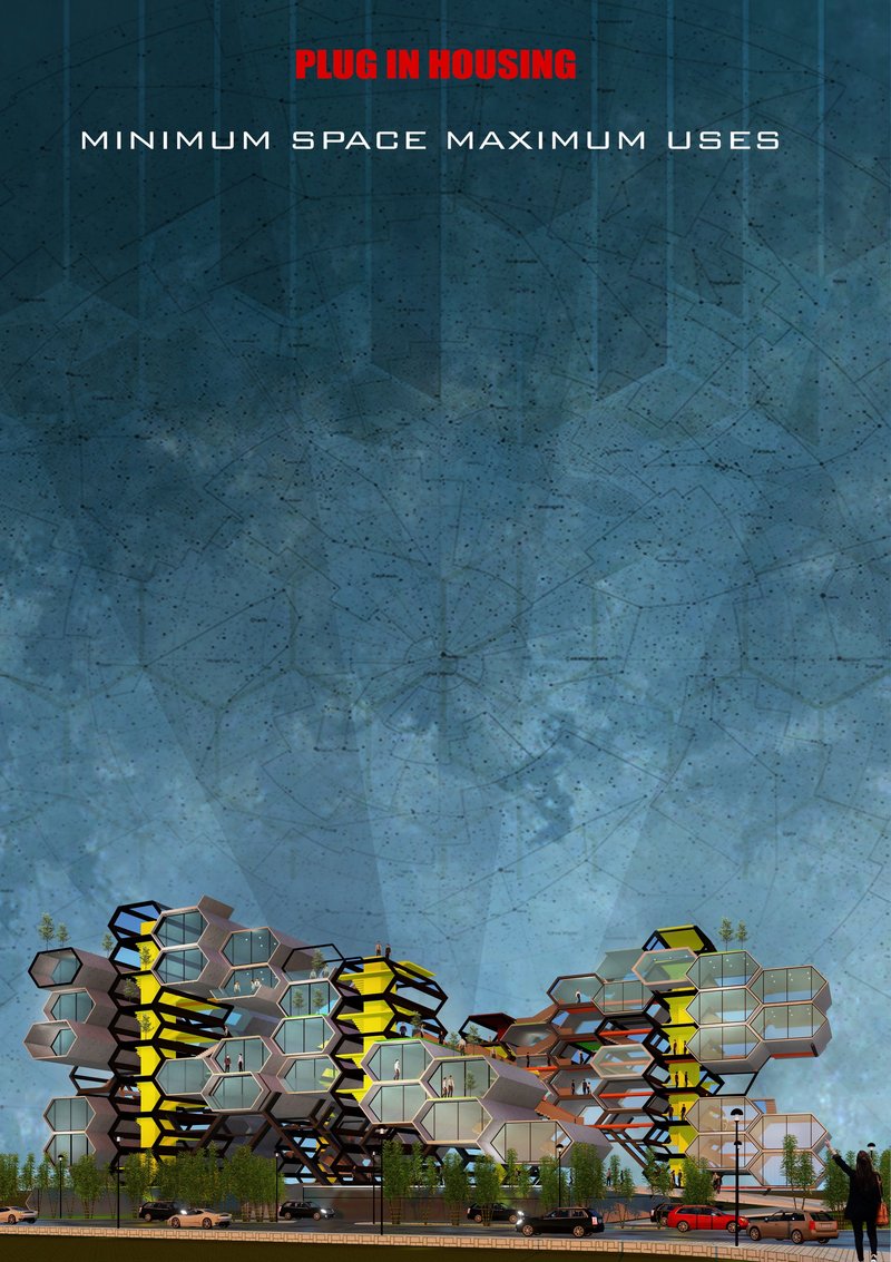 Honeycomb-inspired micro housing architecture redefining urban density through modular plug-in units.