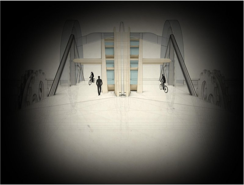 Central approach view emphasizing structural symmetry and dual-direction cycling paths.