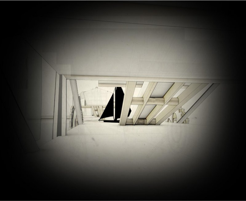 Underside view revealing the articulated truss system and retractable floorplates.