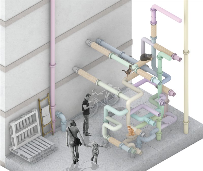 Modular pipe installation transforming service walls into playful urban design elements.