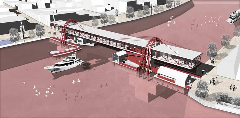 Aerial view of The City Link integrating floating waterfront platforms with an elevated cycling skywalk.