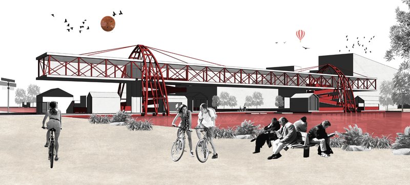 Ground-level perspective showcasing the dynamic red steel structure and active public waterfront space.