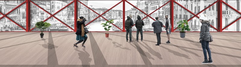 Upper-level viewpoint offering panoramic urban vistas framed by the bridge’s bold red superstructure.