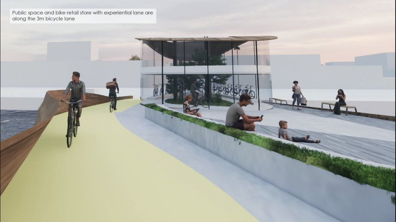 Dedicated 3m experiential cycling lane integrates mobility, retail, and public space.