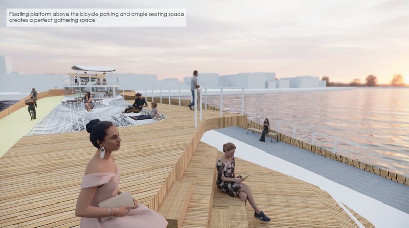 Floating timber deck with hammock-inspired seating creates a vibrant waterfront gathering space.