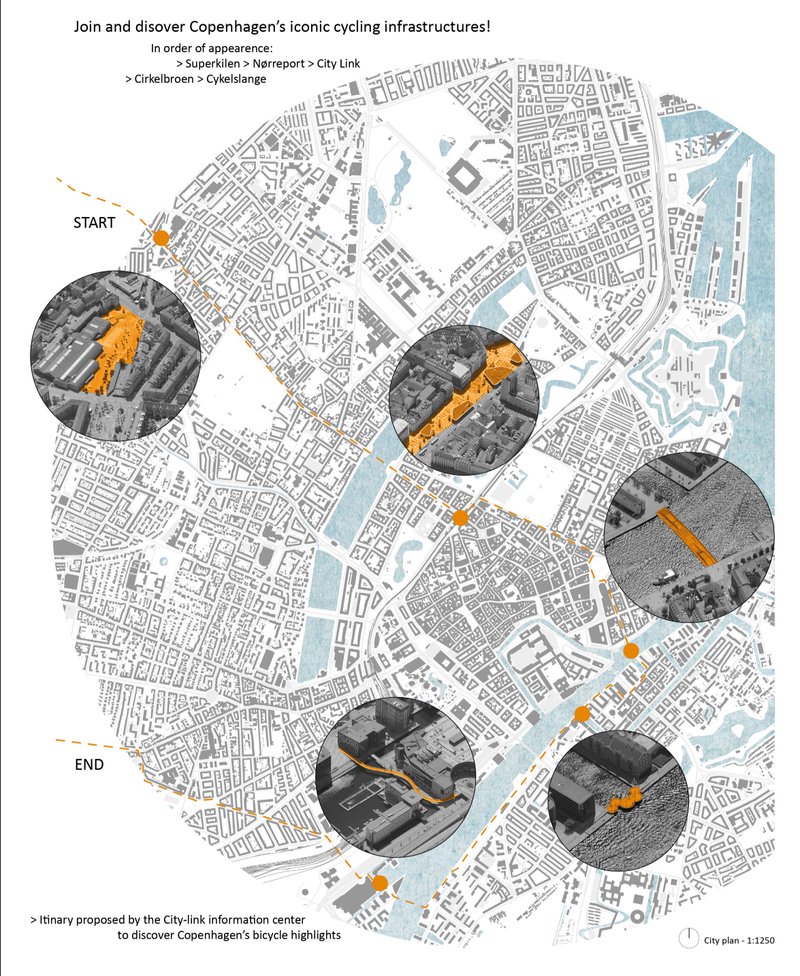 City-wide cycling itinerary mapping Copenhagen’s iconic bike infrastructure and harbor connection.