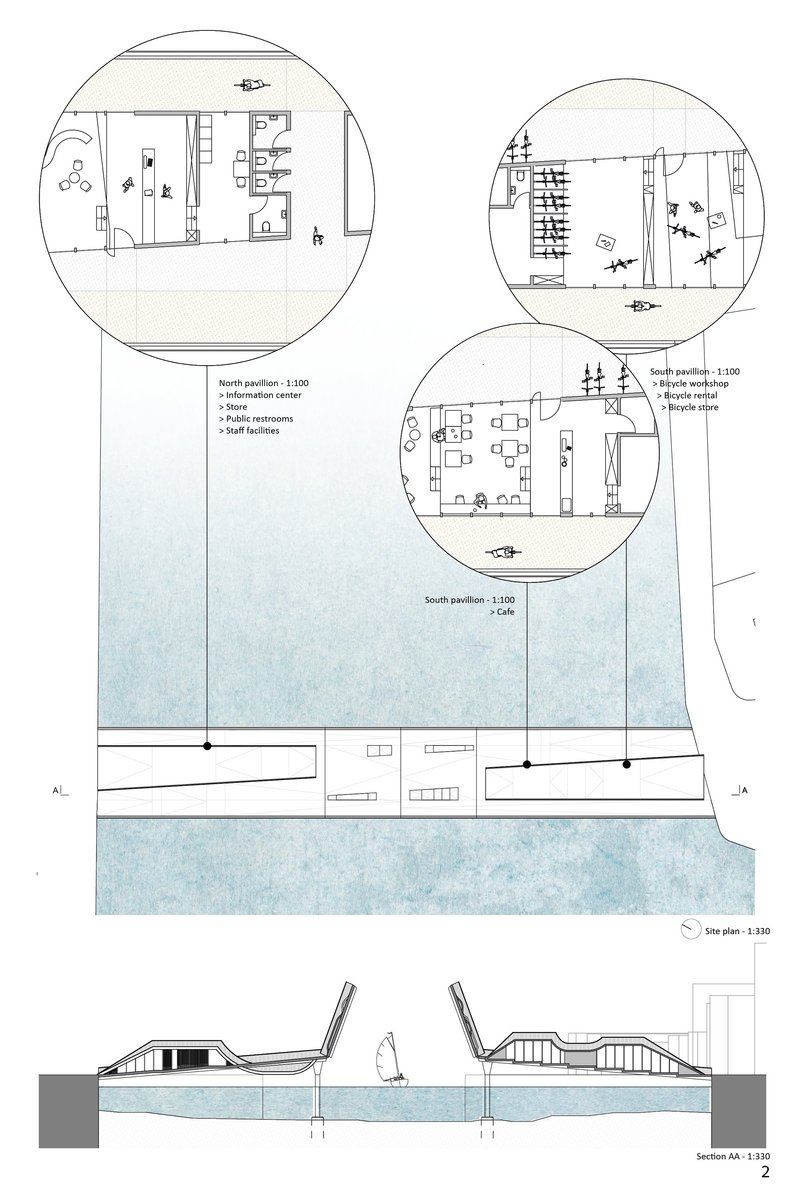 Architectural plans and section drawings showing the bridge’s pavilions, circulation, and openable structure.