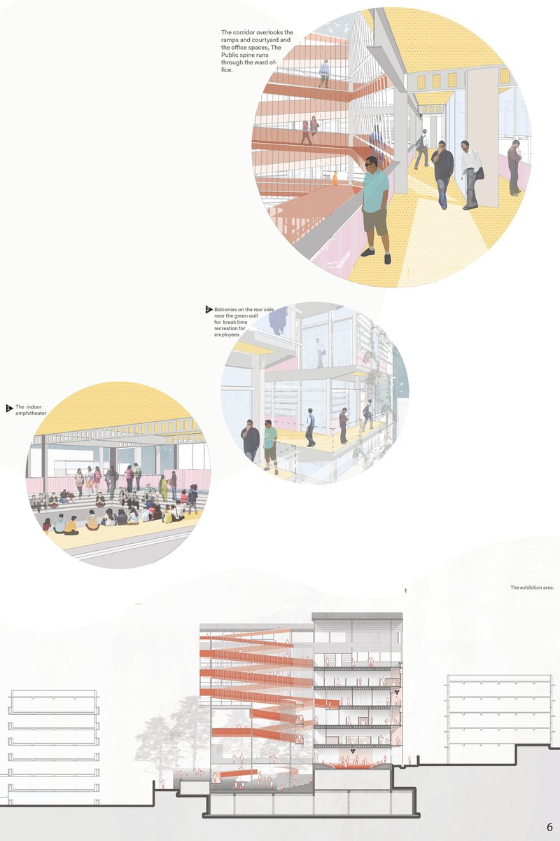 Section illustrating the continuous ramp, visual transparency, and layered public-to-private program distribution.