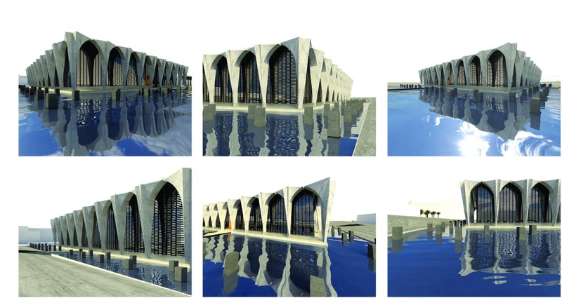 Rhythmic concrete arches rise above reflective waters, framing memory through repetition and light.