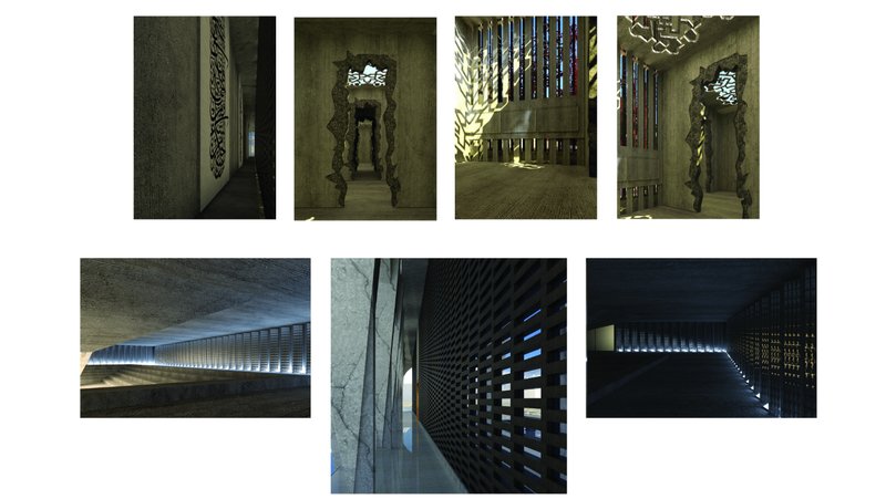 Subterranean passage carved through fractured walls, symbolizing a journey through history and loss.