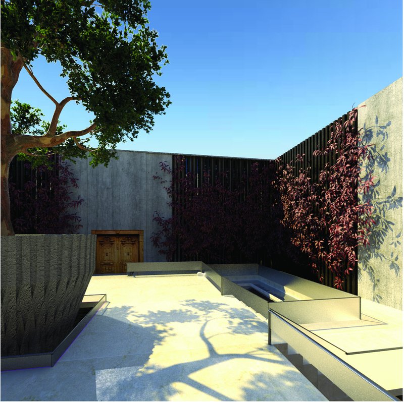 Courtyard of resilience, where shadow, texture, and silence create a space for contemplation.
