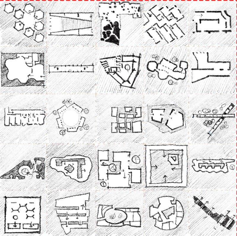 Conceptual floor plans exploring diverse spatial typologies for locally adaptive design studios worldwide.