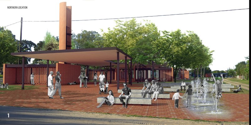 Northern intervention node activating public space through shaded plazas and community gathering areas.