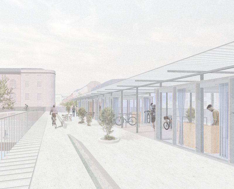 Cycling and pedestrian pathways activated with kiosks, greenery, and modular pavilions.