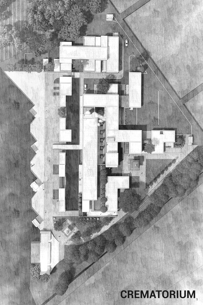 Master plan of the crematorium complex showing spatial organization along the riverfront landscape.