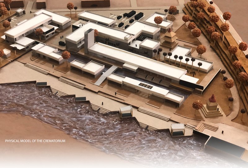 Physical model of the crematorium highlighting the linear layout and riverfront integration.