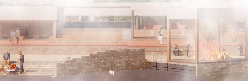 Ritual cremation platform integrated with stepped river ghats and contemplative public spaces.