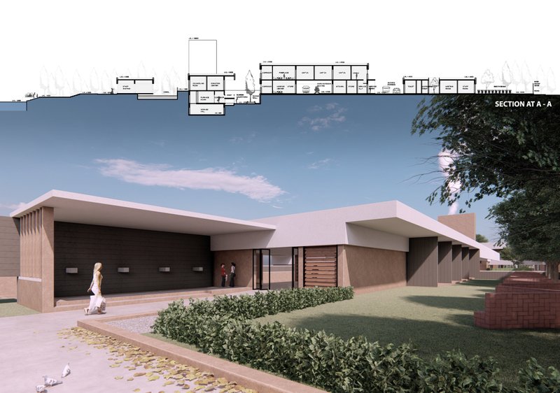 Entrance view of the electrical crematorium block designed with minimal forms and shaded circulation.