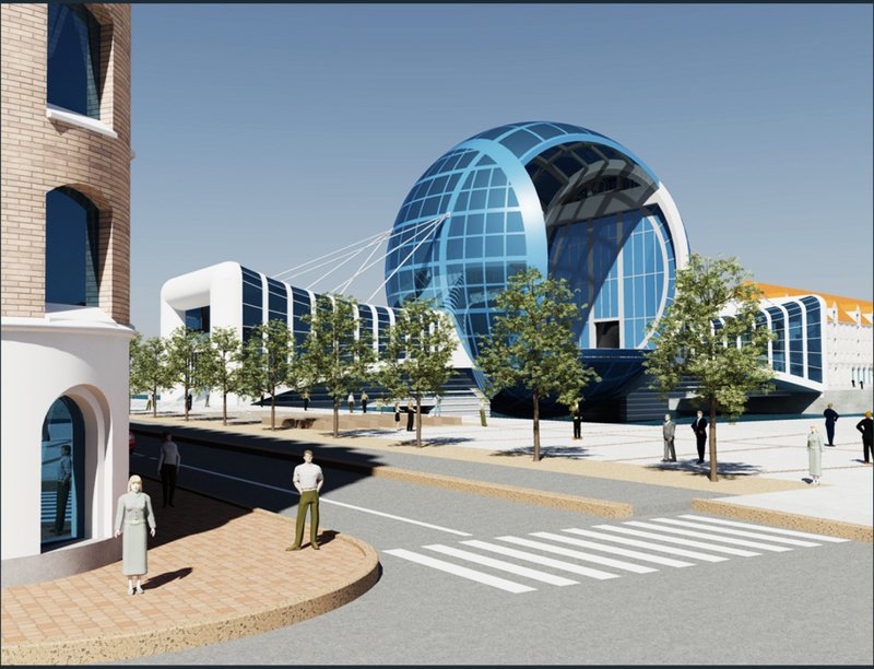 Street-level perspective showcasing the monumental ring structure integrated into the city fabric.