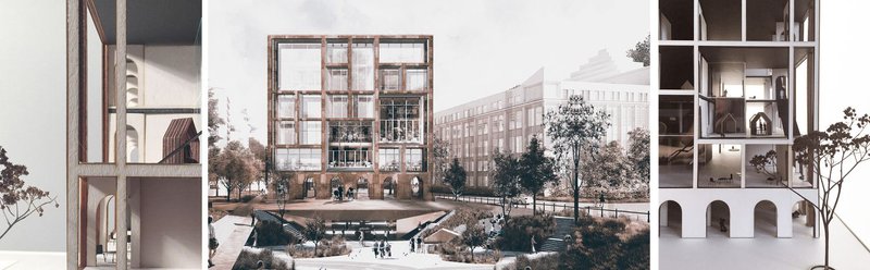A porous façade framing shared spaces and collective activity.