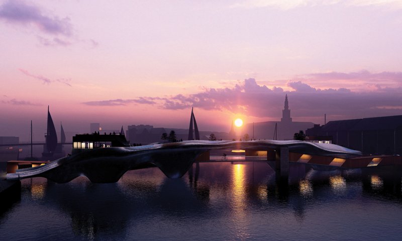 Sunset view of the bridge as a glowing public landmark, merging mobility, landscape, and waterfront identity.