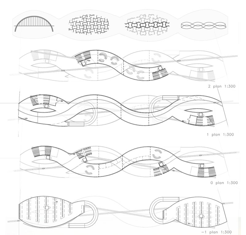 Interlacing floor plans reveal the bridge’s infinity-inspired geometry and multi-level circulation strategy.