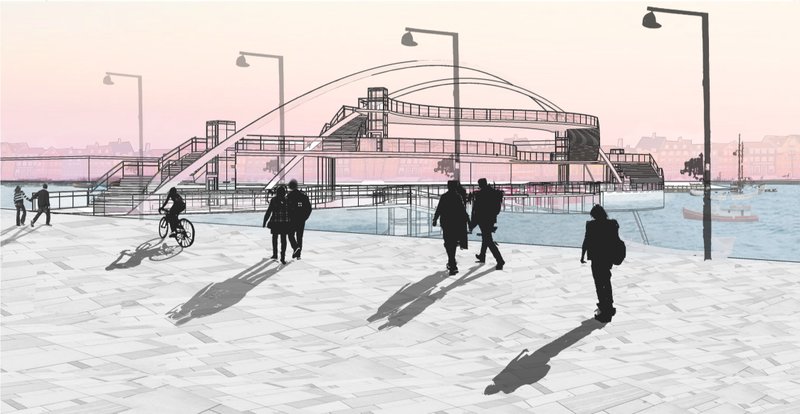A layered cycling bridge activates the waterfront, blending movement, pause, and social interaction.