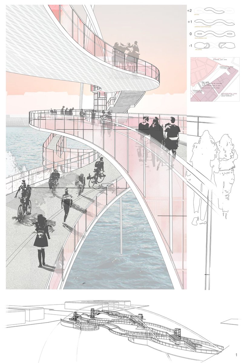 Layered pedestrian and cycling paths intertwine above the water, creating an elevated public promenade within a sculptural bridge form.