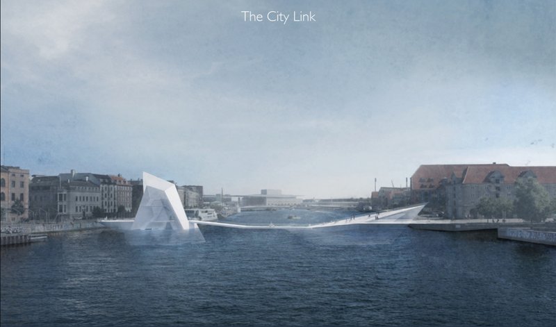 The Iceberg Bridge emerges from the canal, symbolizing melting glaciers within an urban landscape.