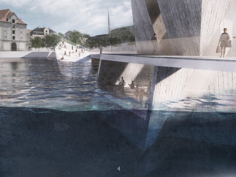 Submerged architectural form revealing the hidden mass of the iceberg beneath the waterline.