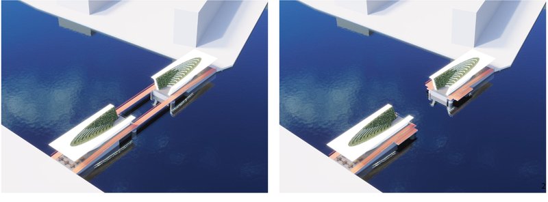 Exploded view illustrating the bridge’s openable mechanism and layered public platforms.