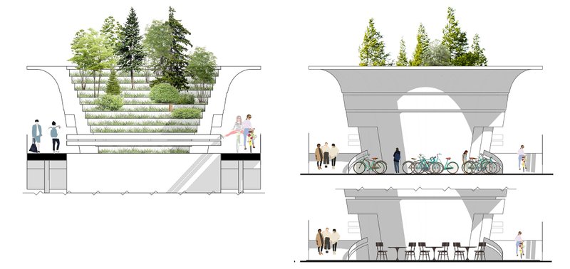 Cross-sections highlighting the stepped green amphitheater and integrated bicycle infrastructure.