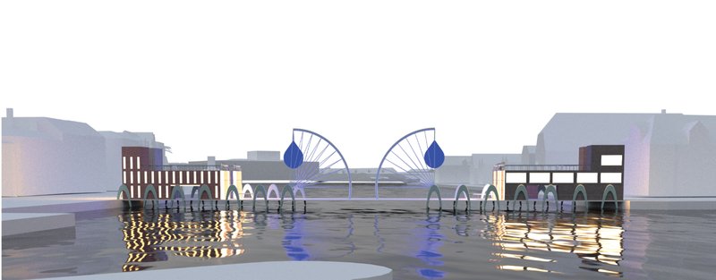 The Droplet bridge in closed position, forming a continuous urban connection across the water.
