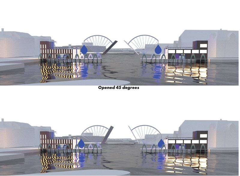 The kinetic opening mechanism at 45 degrees, transforming infrastructure into a dynamic urban event.