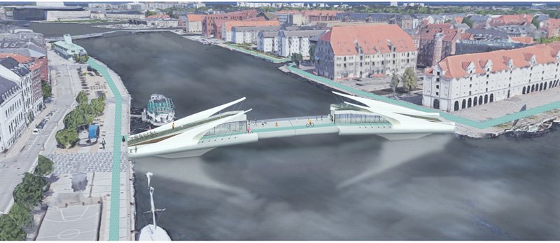 Aerial view of TWOBRO bridge connecting Indre By and Christianshavn across Copenhagen’s waterfront.