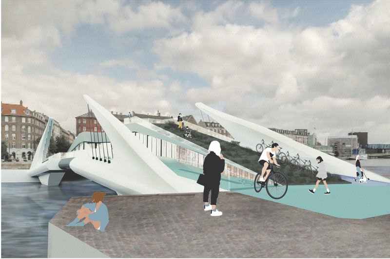 Cyclists and pedestrians share the green promenade of the sculptural sustainable urban bridge.