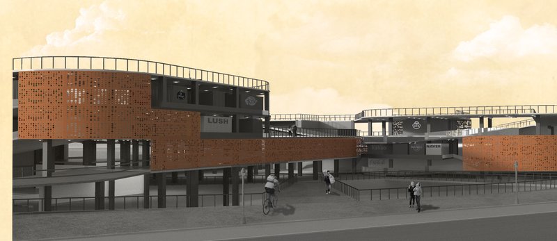 Layered façade with perforated panels integrating circulation ramps and modular retail units.