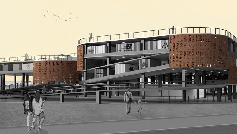 Continuous drive ramp weaving through the building mass, merging mobility and retail.