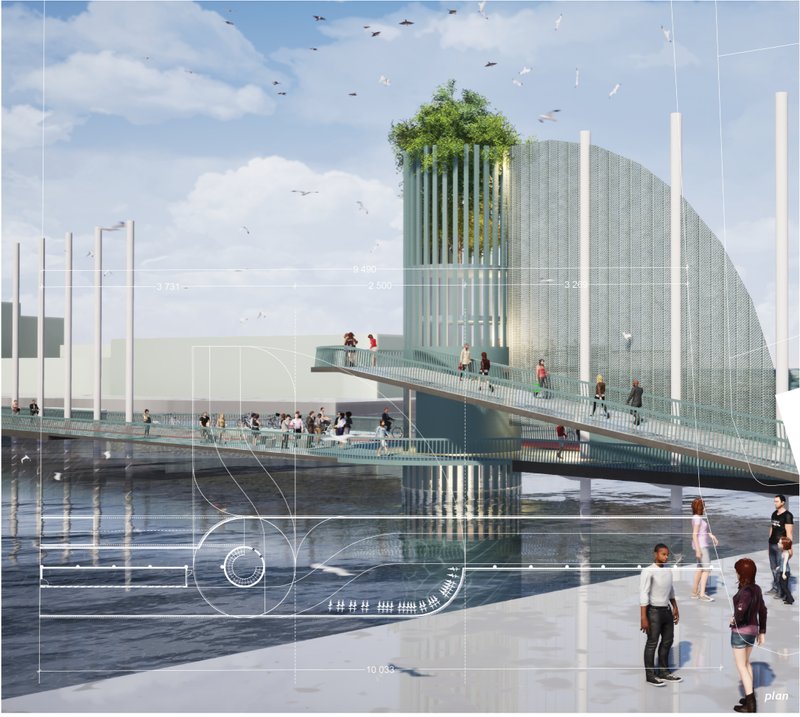 A layered pedestrian and cycling bridge integrates public space, biodiversity, and waterfront views.