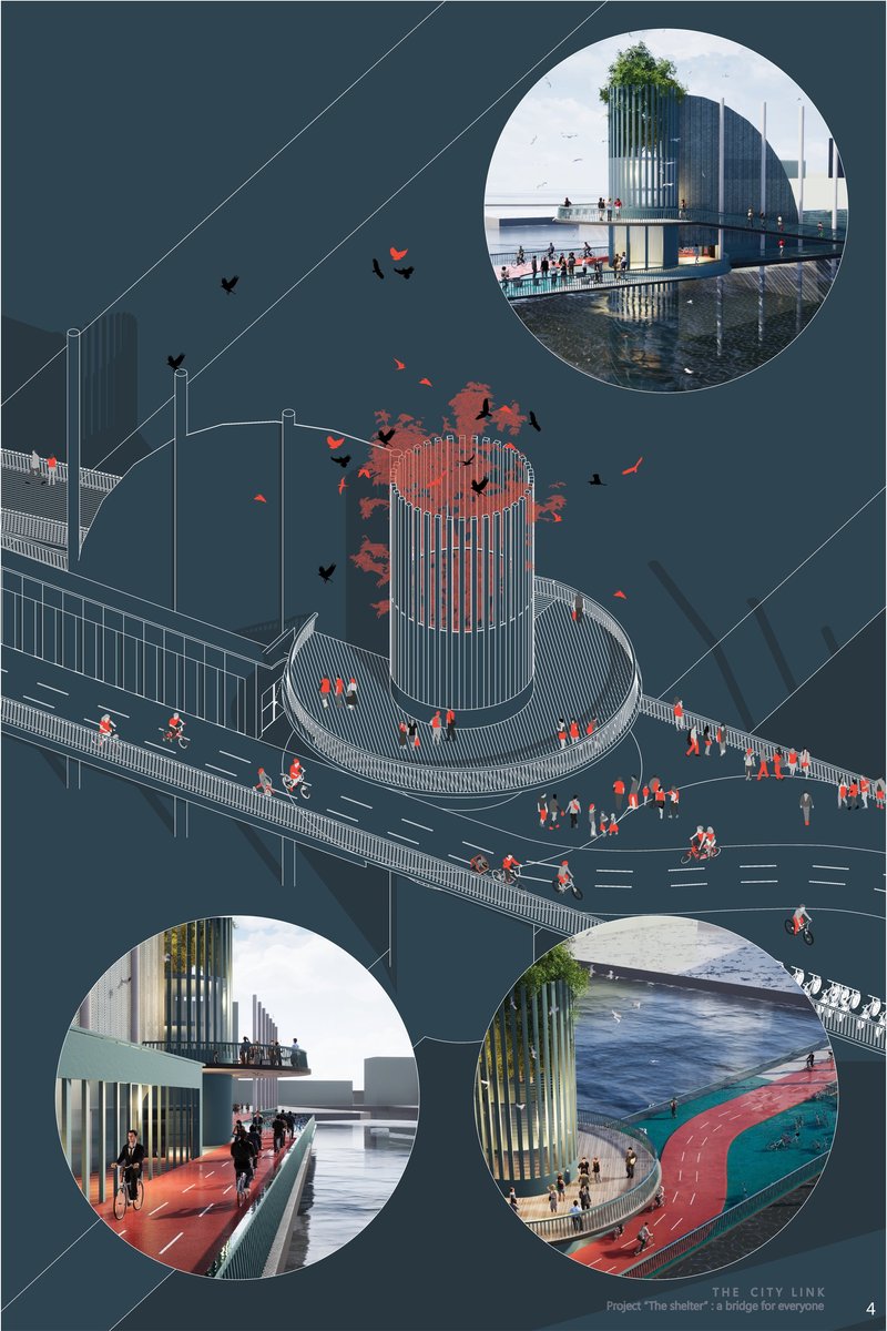 The iconic tower and curved red cycle track create a vibrant landmark for sustainable urban mobility.