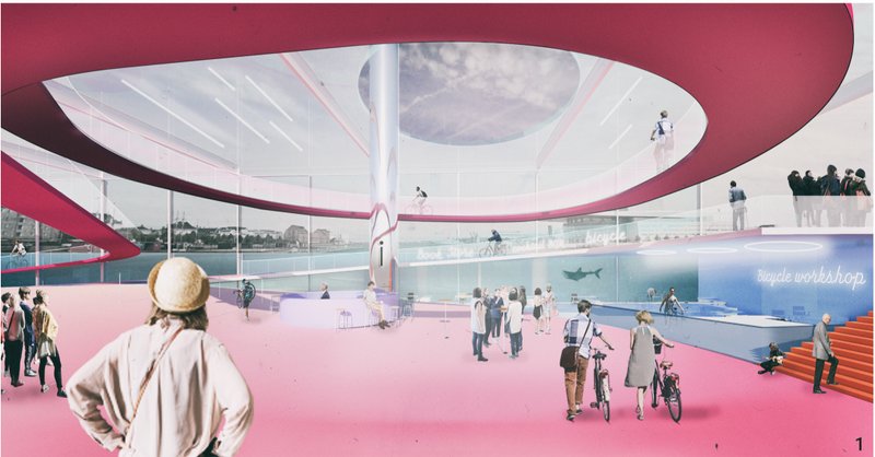 A submerged urban plaza where cyclists and pedestrians gather beneath a floating transparent roof.