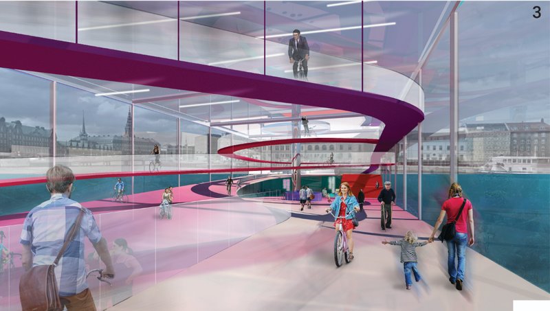 Layered circulation spirals through the floating bridge, blending movement with panoramic waterfront vistas.