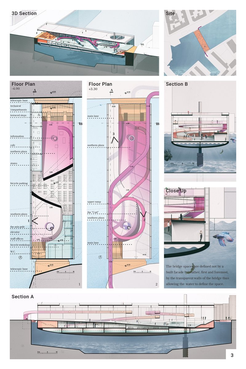 Sectional drawings reveal the ship-inspired floating structure and underwater public plaza.